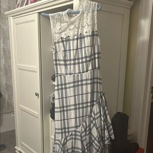 Elegant White and Blue Plaid Dress